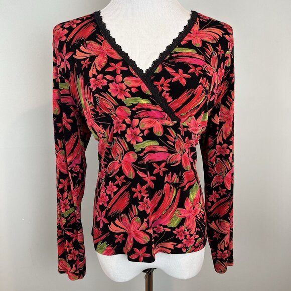 Carducci 90s Y2K Faux Wrap Blouse Size Large Black Red Pink Floral  V Neck Mesh - Picture 1 of 10